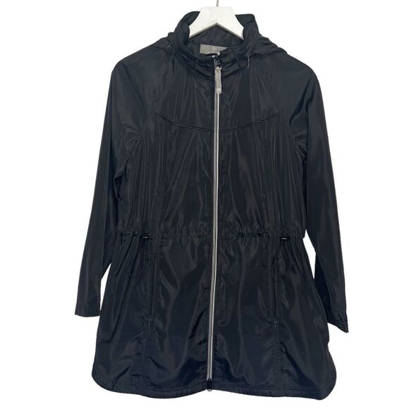 T by Talbots Hidden Hood Anorek Jacket Womens MP Black Zip Up Cinch Waist - Picture 1 of 6
